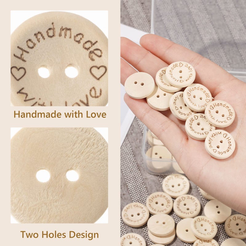 NUOMI 100Pcs Cute Wooden Craft Buttons 2 Holes 'Handmade with Love' Tags Labels for Sewing Clothing Accessories, DIY Crafting Projects Decorations 20mm - Image 4